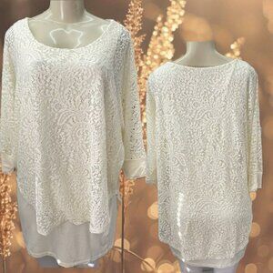 Kate & Mallory L Cream Lace Overlay Lined Scoop Neck 3/4 Lace Sleeve Blouse